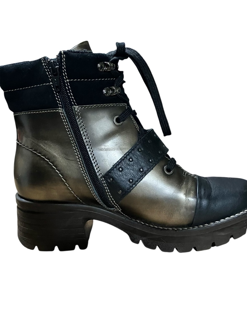 Dromedaris Leather Ankle Boots EU 38 Black Fur Lined Buckle Lug Chunky Sole - Picture 7 of 16